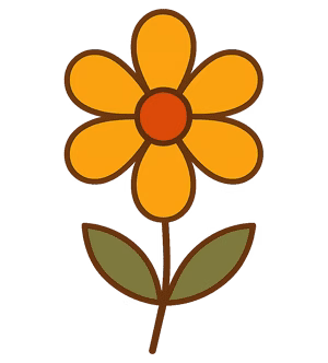 A cartoon-style orange flower with six rounded petals and a red-orange center, on a brown stem with two olive-green leaves, against a white background.