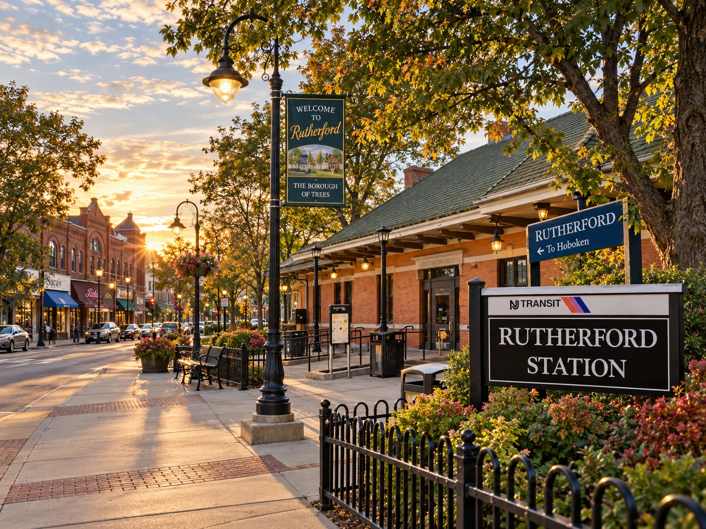 Rutherford Station in Rutherford, NJ at sunset, featuring the NJ Transit station, downtown storefronts, landscaped sidewalks, decorative streetlights, and a Welcome to Rutherford banner.